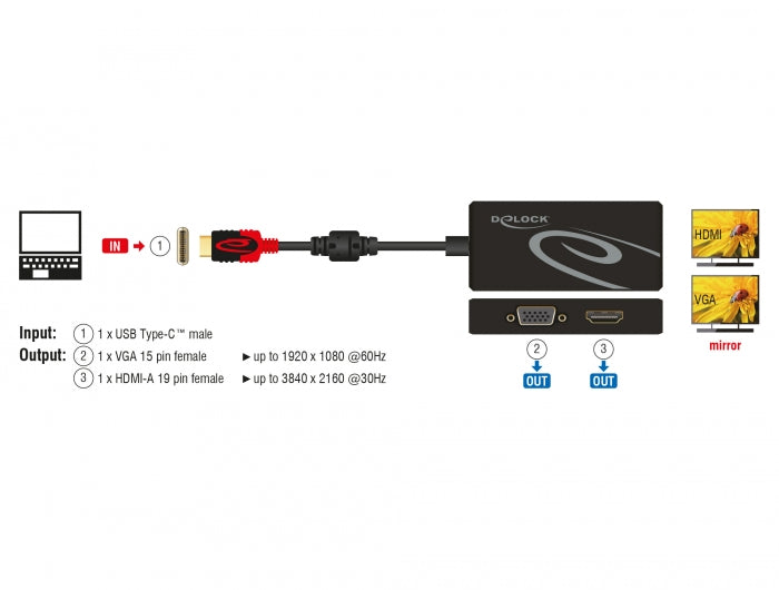 Delock 87730 Usb Type-C™ Splitter (Dp Alt Mode) > 1 X Hdmi + 1 X Vga Out