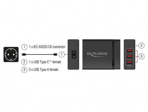 Delock 63974 Usb Charger 1 X Usb Type-C™ Pd + 3 X Usb Type-A 60 W + 12 W