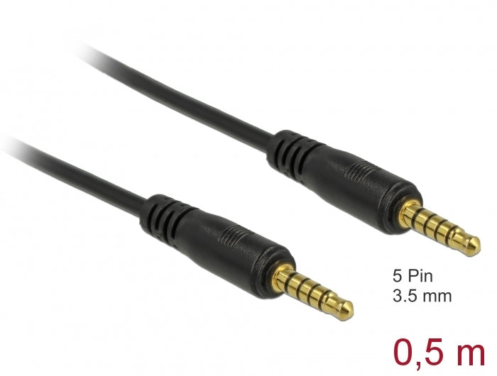 Delock 85695 Stereo Jack Cable 3.5 Mm 5 Pin Male To Male 0.5 M Black