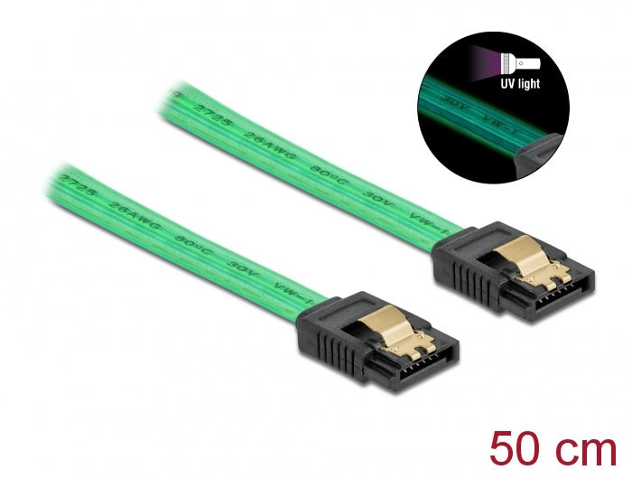 Delock 82069 Sata 6 Gb/S Cable Uv Glow Effect Green 50 Cm