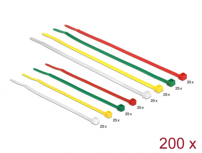 Delock 18628 Cable Ties Coloured L 100 X W 2.5 Mm + L 200 X W 3.6 Mm 200 Pieces