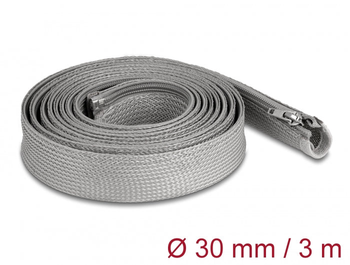 Delock 20837 Braided Sleeve With Zip Fastener Heat-Resistant 3 M X 30 Mm Grey