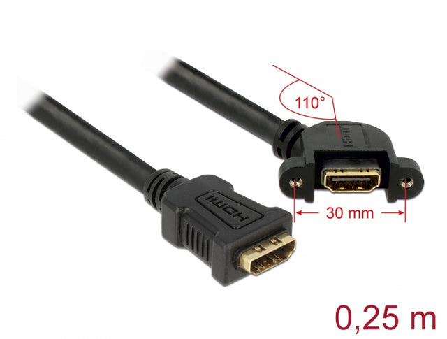 Delock 85101 Cable Hdmi A Female > Hdmi A Female Panel-Mount 110° Angled 25 Cm