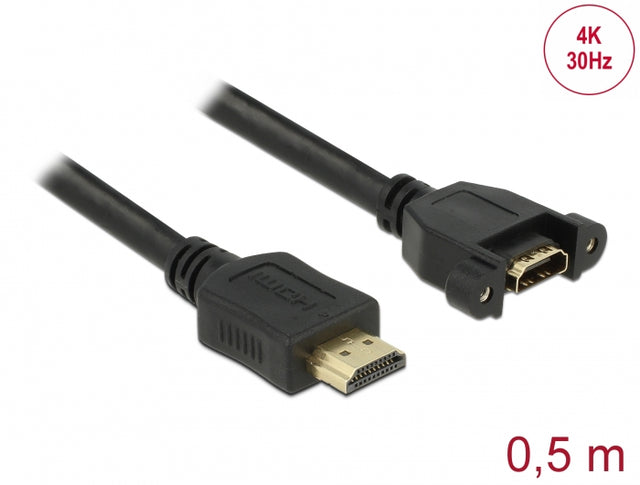 Delock 85463 Cable Hdmi-A Male > Hdmi-A Female Panel-Mount 4K 30 Hz 0.5 M