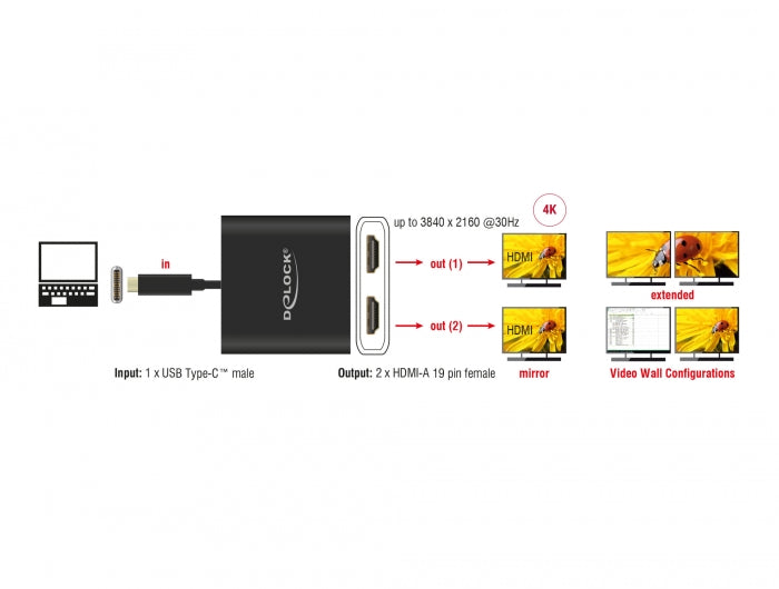 Delock 87719 Usb Type-C™ Splitter (Dp Alt Mode) > 2 X Hdmi Out 4K 30 Hz