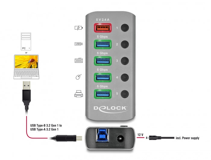 Delock 63262 Usb 5 Gbps Hub With 4 Ports + 1 Fast Charging Port