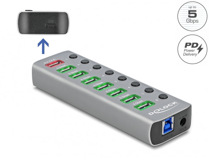 Delock 63264 Usb 5 Gbps Hub W/ 7 Ports + 1 Charging Port + 1 Usb-C Pd 3.0 Port