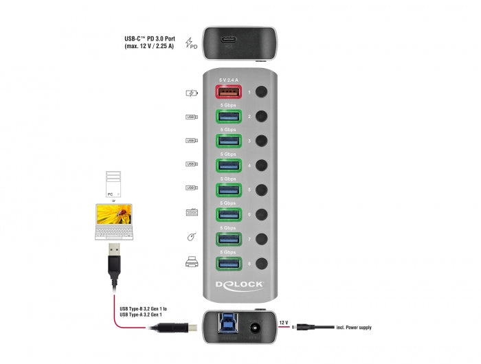 Delock 63264 Usb 5 Gbps Hub W/ 7 Ports + 1 Charging Port + 1 Usb-C Pd 3.0 Port