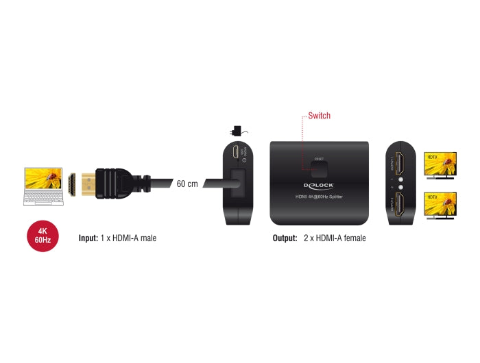 Delock 18650 Hdmi Splitter 1 X Hdmi In To 2 X Hdmi Out 4K 60 Hz With Downscaler