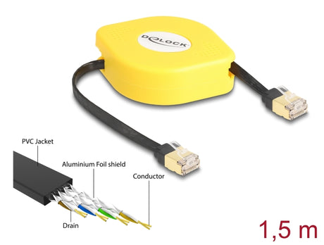 Delock 80239 Rj45 Retractable Cable Cat.6A Stp 1.5 M Black / Yellow