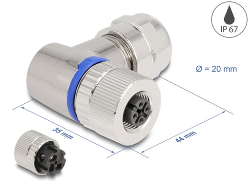 Delock 60542 M12 Connector A-Coded 3 Pin Female For Mounting 90° Angled Metal