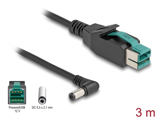 Delock 80013 Poweredusb Cable Male 12 V To Dc 5.5 X 2.1 Mm Male Angled 3 M