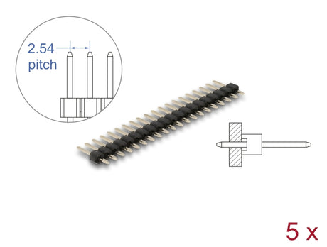 Delock 66693 Pin Header 20 Pin, Pitch 2.54 Mm, 1-Row, Straight, 5 Pieces