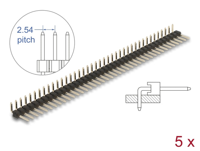 Delock 66697 Pin Header 40 Pin, Pitch 2.54 Mm, 1-Row, Angled, 5 Pieces