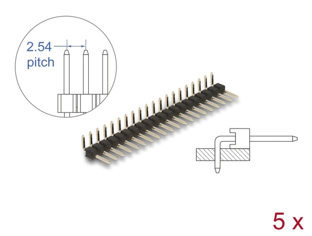 Delock 66696 Pin Header 20 Pin, Pitch 2.54 Mm, 1-Row, Angled, 5 Pieces