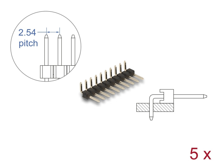 Delock 66695 Pin Header 10 Pin, Pitch 2.54 Mm, 1-Row, Angled, 5 Pieces