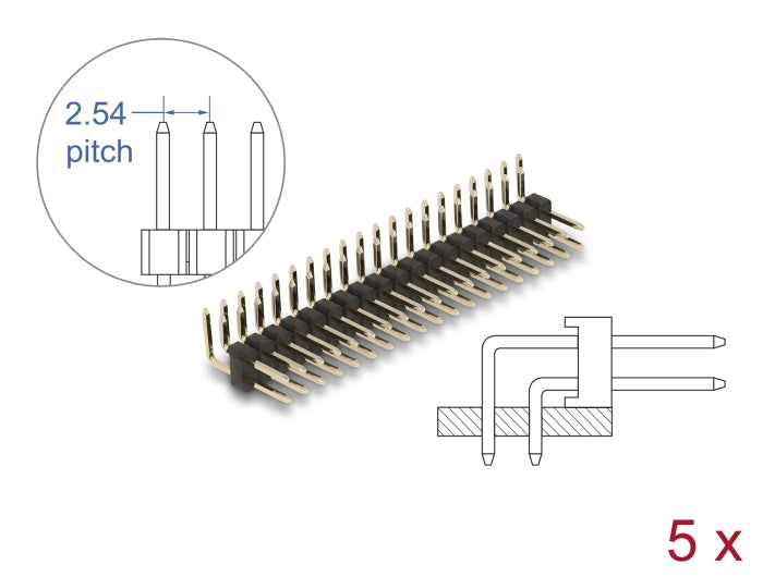 Delock 66702 Pin Header 20 Pin, Pitch 2.54 Mm, 2-Row, Angled, 5 Pieces