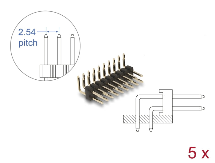 Delock 66701 Pin Header 10 Pin, Pitch 2.54 Mm, 2-Row, Angled, 5 Pieces