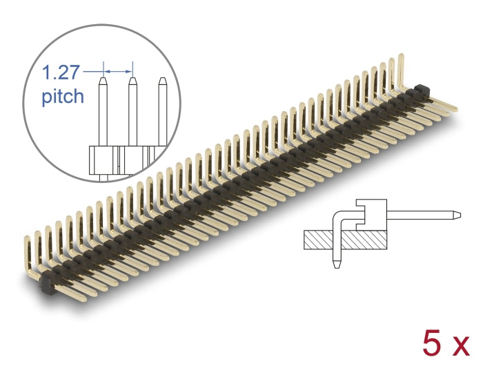 Delock 66691 Pin Header 40 Pin, Pitch 1.27 Mm, 1-Row, Angled, 5 Pieces