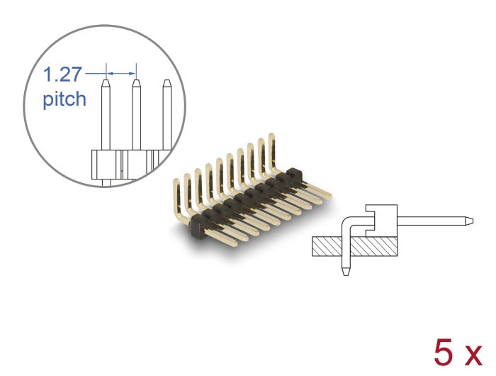 Delock 66689 Pin Header 10 Pin, Pitch 1.27 Mm, 1-Row, Angled, 5 Pieces