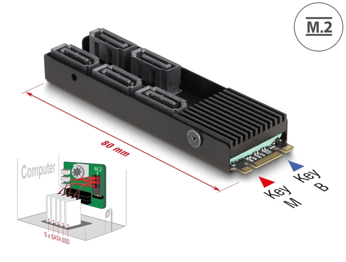 Delock 64051 Converter M.2 2280 Key B+M Male To 5 X Sata With Heat Sink