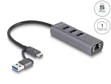 Delock 64282 3 Port Usb 5 Gbps Hub + Gigabit Lan With Usb Type-C/A Connector