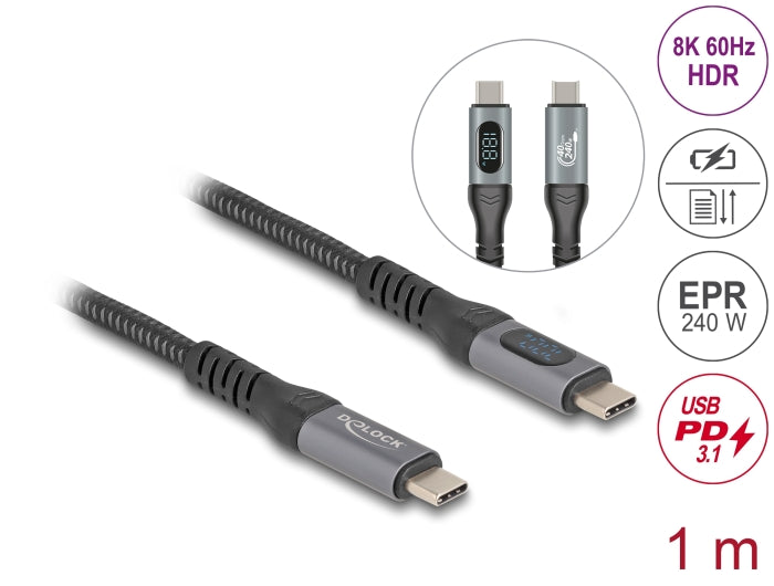 Delock 86067 Usb 40 Gbps Data And Fast Charging Coaxial Cable 1 M 8K 60 Hz Usb