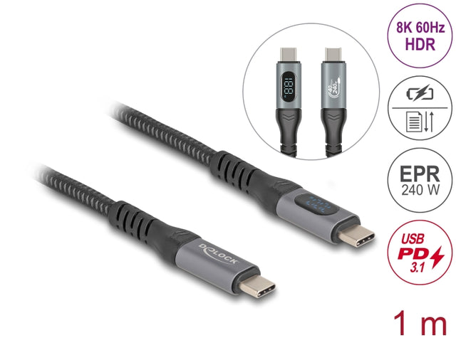 Delock 86067 Usb 40 Gbps Data And Fast Charging Coaxial Cable 1 M 8K 60 Hz Usb