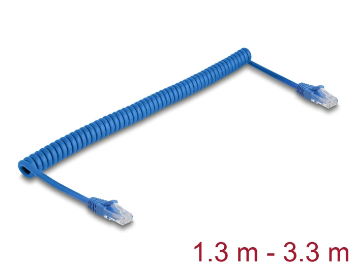 Delock 90363 Rj45 Coiled Cable Plug To Plug Cat.6 Utp 1.3 M To 3.3 M Blue