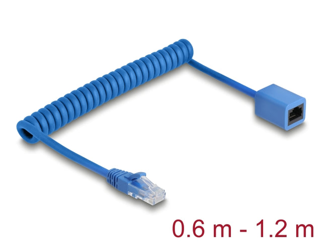 Delock 90365 Rj45 Coiled Cable Plug To Jack Cat.6 Utp 0.6 M To 1.2 M Blue