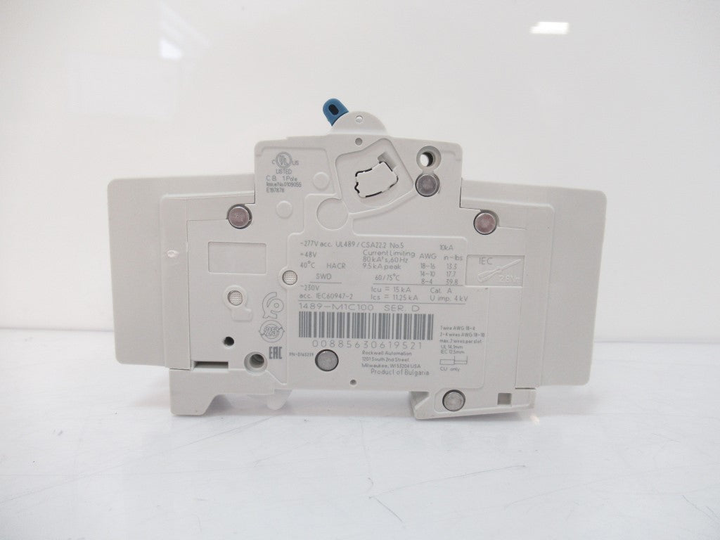 Allen Bradley 1489-M1C100 Circuit Breaker 10A 1-Pole Curve C Ser D, Surplus