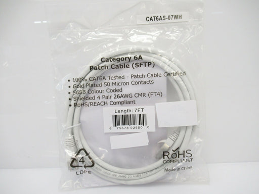 Molded Patch Cable CAT6AS-07WH RJ45 CAT6A SSTP 10GB White 7 FT