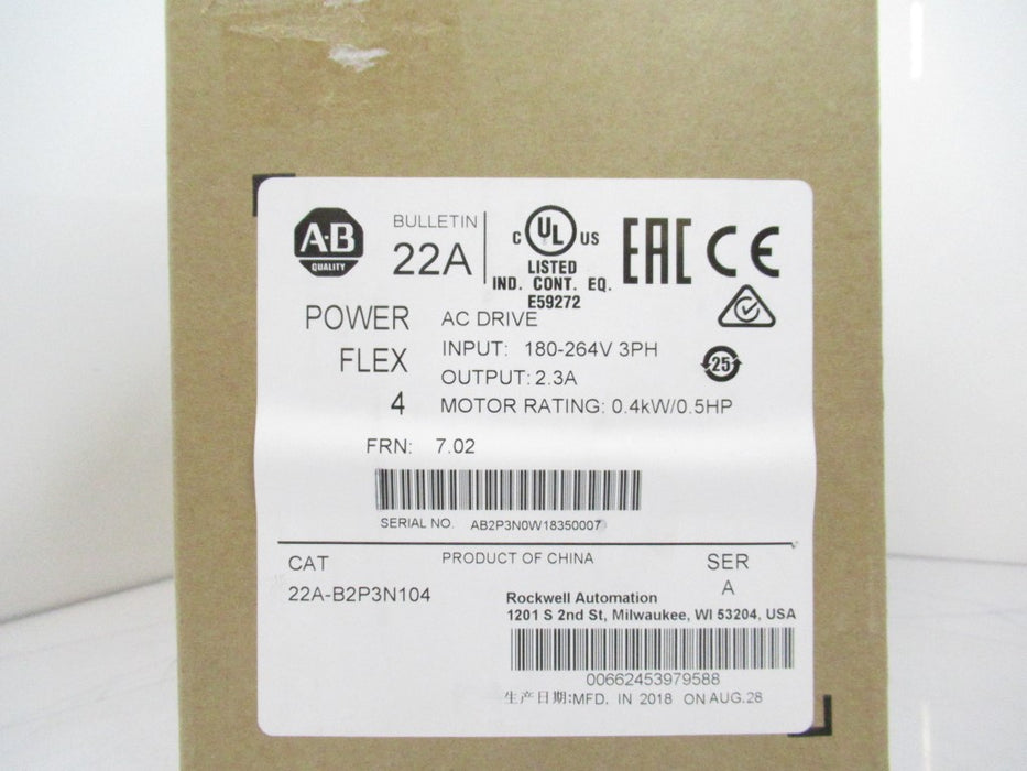 Allen Bradley 22A-B2P3N104 Ac Drive, PowerFlex 4  240VAC 3PH 2.3A SURPLUS