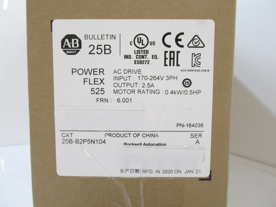 Allen Bradley 25B-B2P5N104  PowerFlex 525 AC Drive 0.5HP, 3PH, SURPLUS