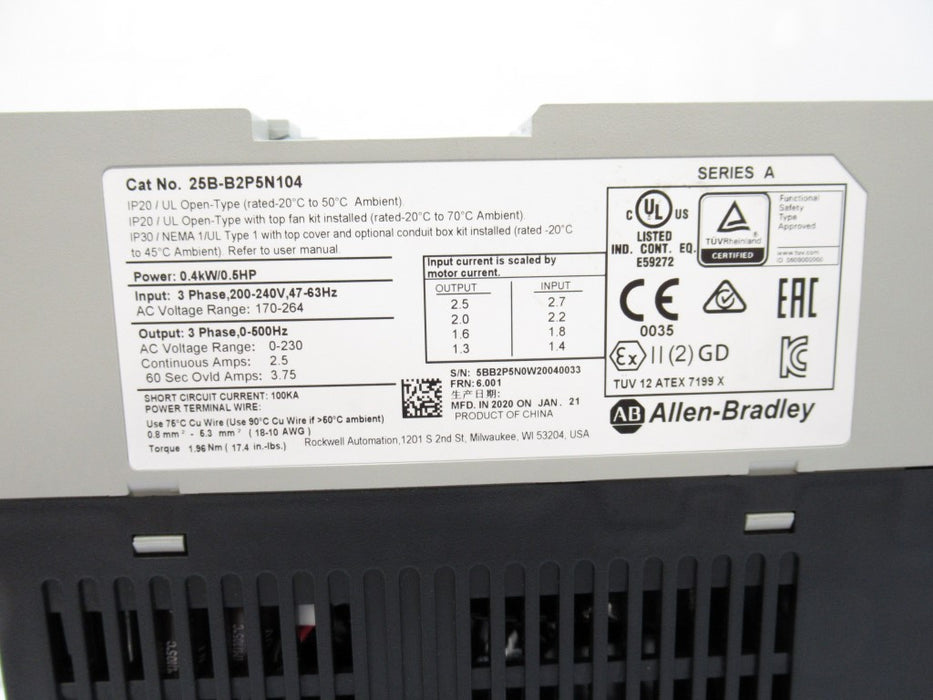 Allen Bradley 25B-B2P5N104  PowerFlex 525 AC Drive 0.5HP, 3PH, SURPLUS