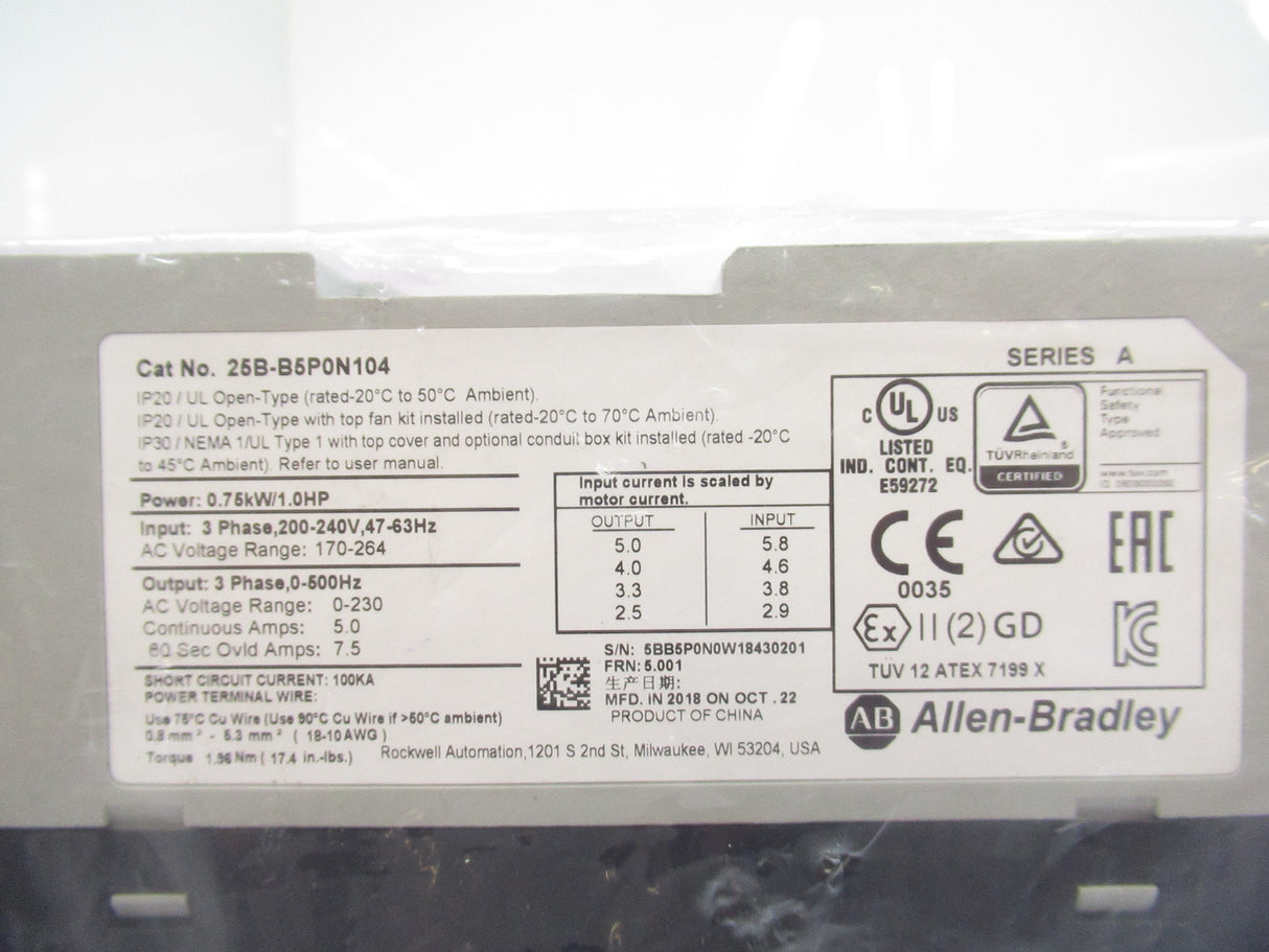 Allen Bradley 25B-B5P0N104 Powerflex 525 Ac Drive, 5.001 Frn