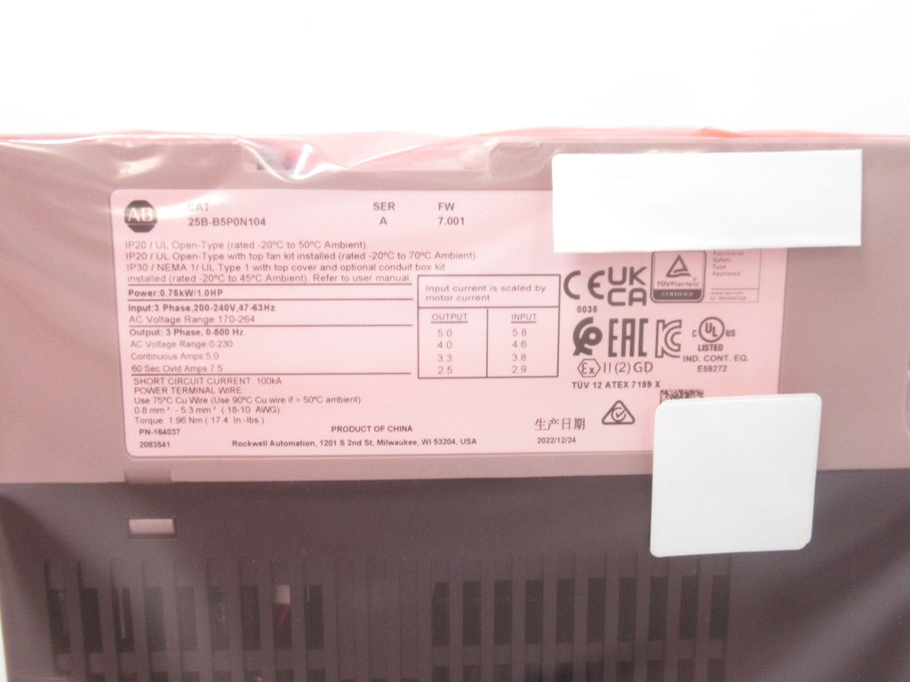 Allen Bradley 25B-B5P0N104 PowerFlex 525 AC Drive 1 HP, FW 7.001, Series A