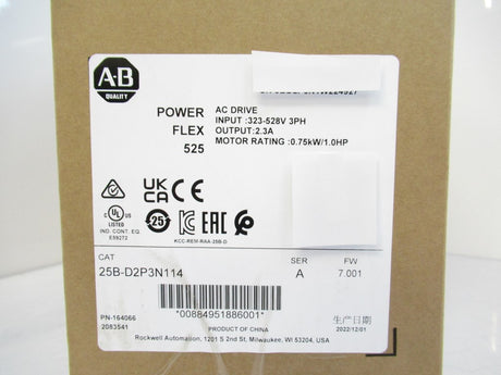 Surplus Allen Bradley 25B-D2P3N114 Powerflex 525 Drive, 0.75 Kw