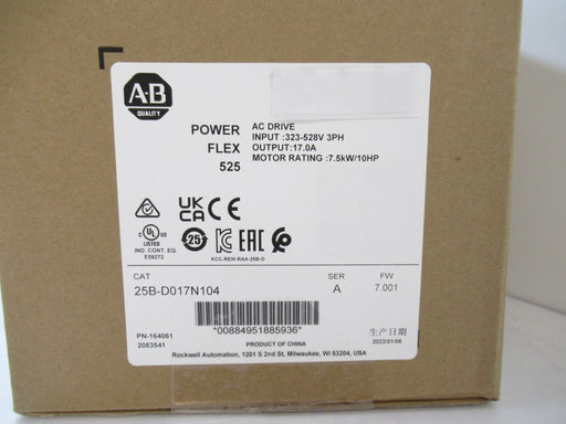 Allen Bradley PowerFlex 25B-D017N104, 525 AC Drive 10 HP, 3 Phase, Ser A Surplus