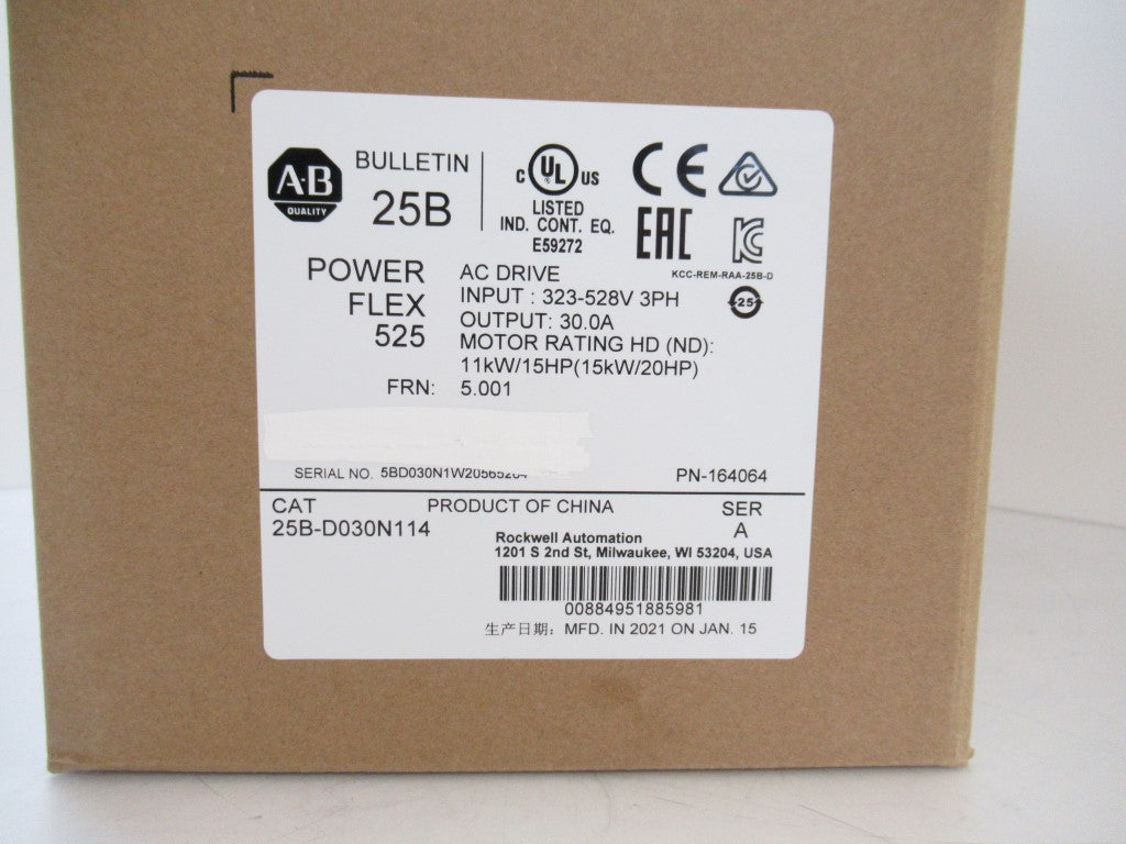 SURPLUS 25B-D030N114 25BD030N114 Allen Bradley PowerFlex 525 AC Drive 20 HP 3 PH