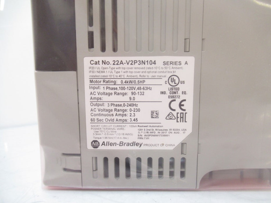 Allen Bradley 22A-V2P3N104 PowerFlex 4 AC Drive 120V AC, 2.3A, 0.5HP, 1-Phase