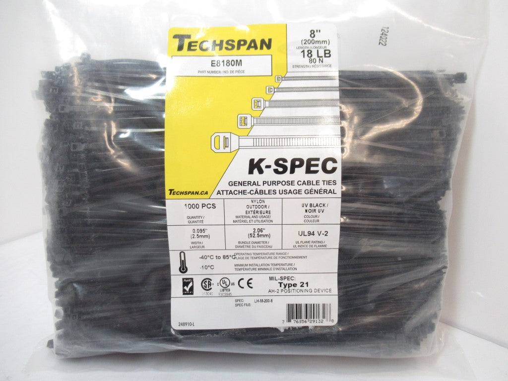 Techspan E8180M Cable Ties 8 in 18 lb Black, Pack Of 1000