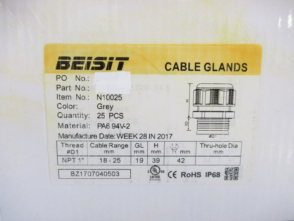 Beisit N10025 Cable Glands 1" NPT Grey Cable Range 18 - 25 mm, Pack Of 25