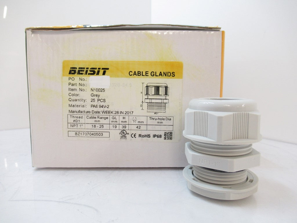 Beisit N10025 Cable Glands 1" NPT Grey Cable Range 18 - 25 mm, Pack Of 25