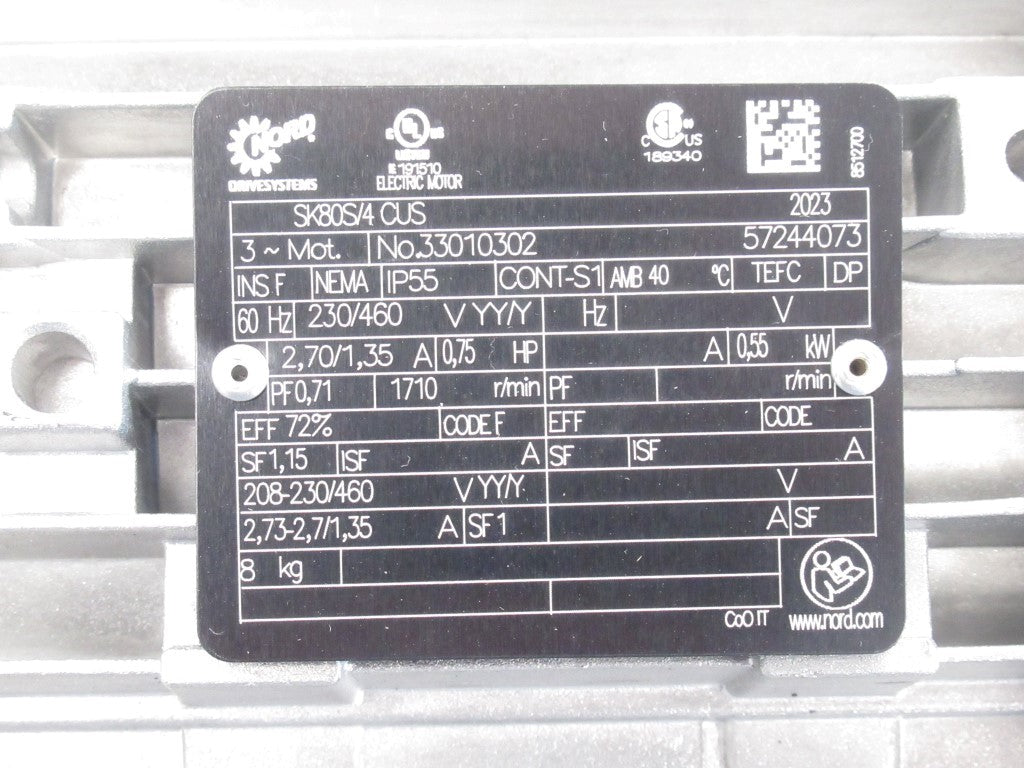 Nord SK02040.1AXZH-80S/4CUS Motor SK80S4CUS, 0.75 Hp, 3 Phases, Ratio: 13.43 :1