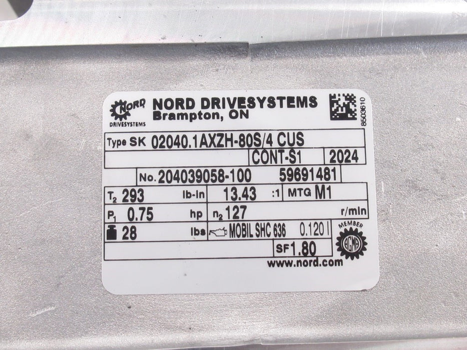 Nord SK02040.1AXZH-80S/4CUS Motor SK80S4CUS, 0.75 Hp, 3 Phases, Ratio: 13.43 :1