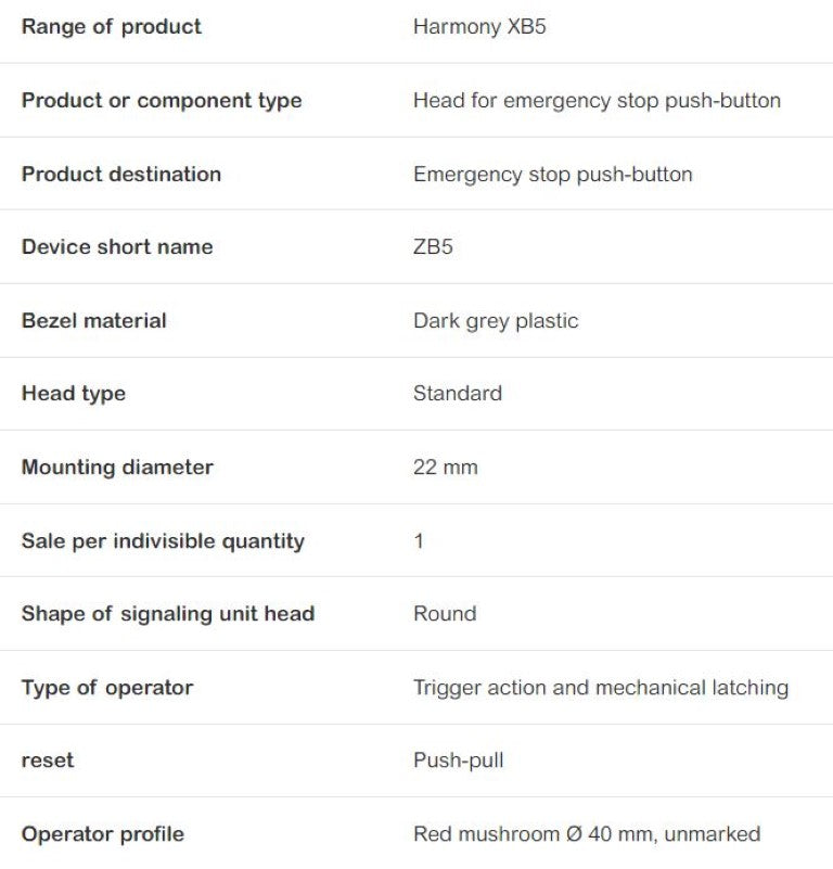 ZB5AT84 Schneider Electric Harmony XB5 Emergency Stop Head, Mushroom 40 mm, Red