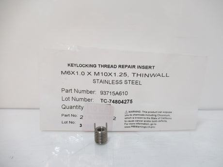 93715A610 Key-Locking Inserts, M6 x 1.0 Thread, 10 mm Installed Length