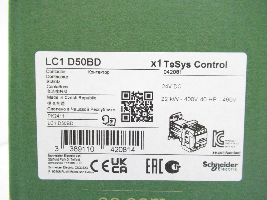 Schneider Electric Telemecanique TeSys Deca LC1D50BD Contactor, 24V DC, 50A