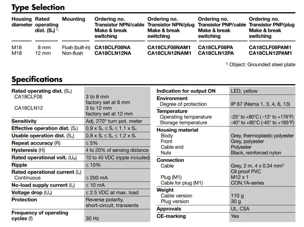 CA18CLF08NA Carlo Gavazzi Proximity Sensor Capacitive Thermoplastic, Sold In Kit